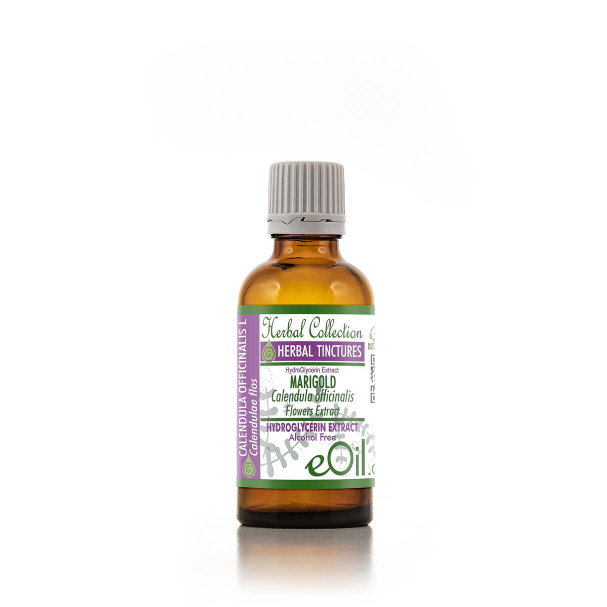 An amber glass bottle of eOil Herbal Tinctures Marigold Calendula Officinalis Florowax Extract with a white, purple, and green label and a gray ribbed cap, set against a plain white background.
