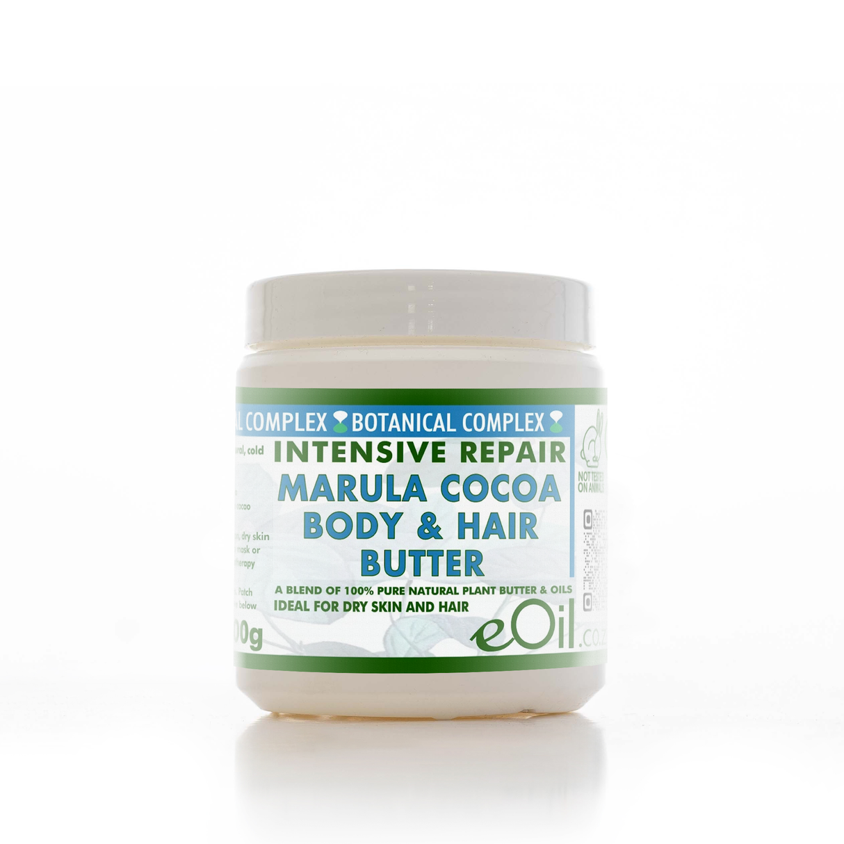 A jar of eOil Complex Botanical Complex Intensive Repair Marula Cocoa Body & Hair Butter on a white background.