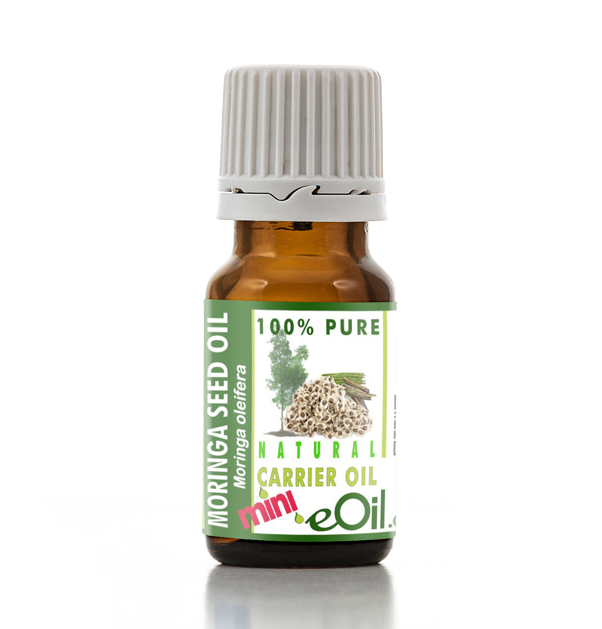Bottle of Moringa seed oil with a green label on a white background