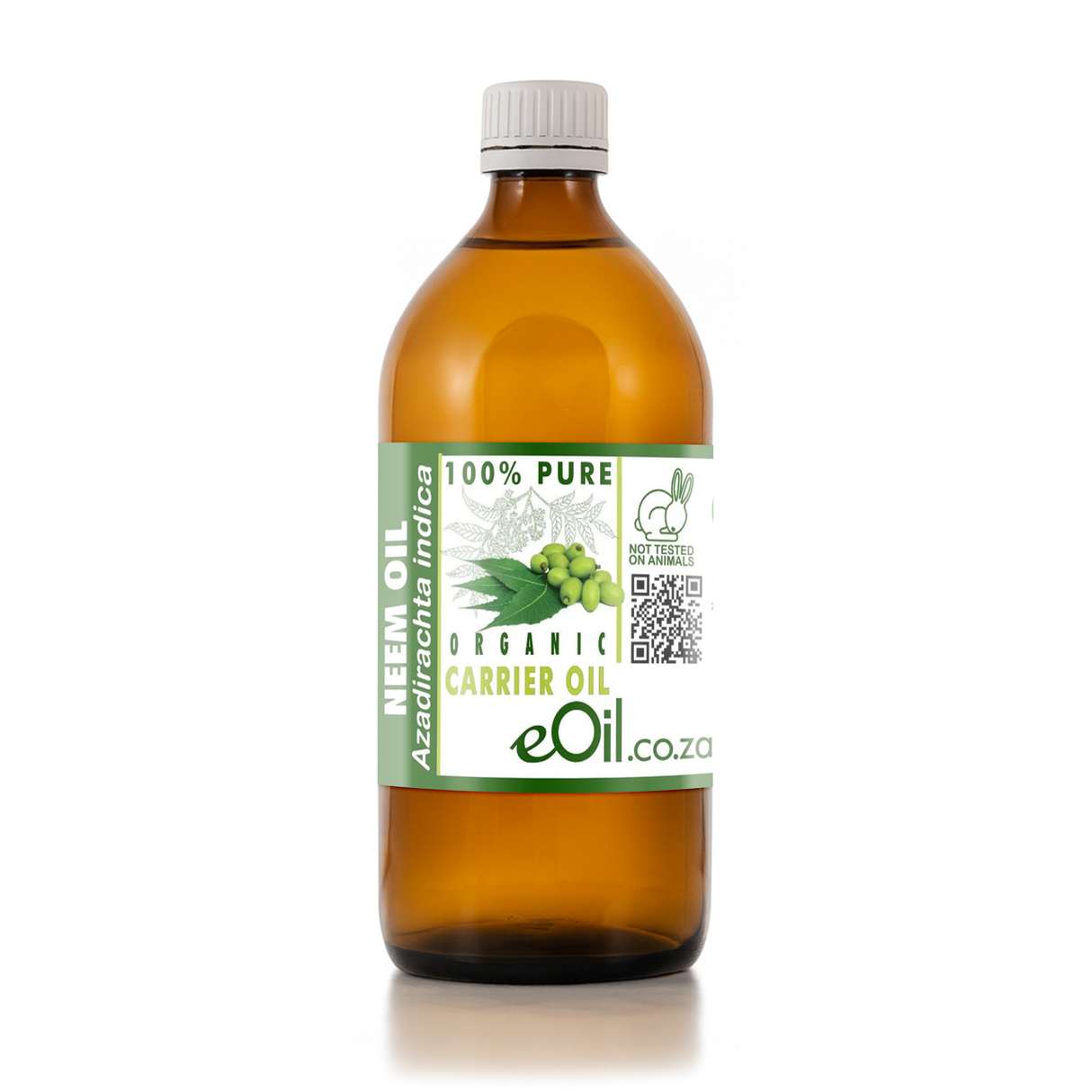 Bottle of eOil neem oil with a green label on a white background 500 ml bottle