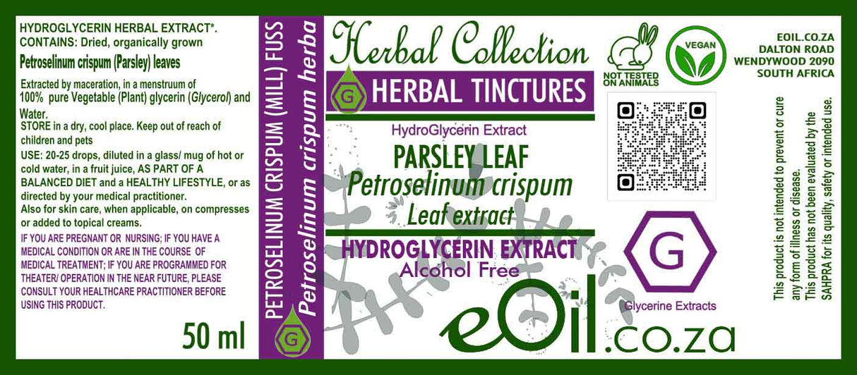 Herbal tincture label with parsley leaf extract on a green background