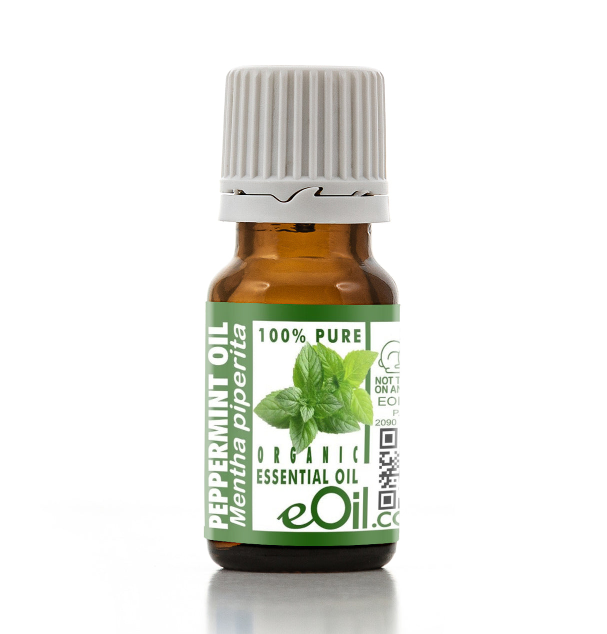 Bottle of peppermint essential oil with a green label on a white background