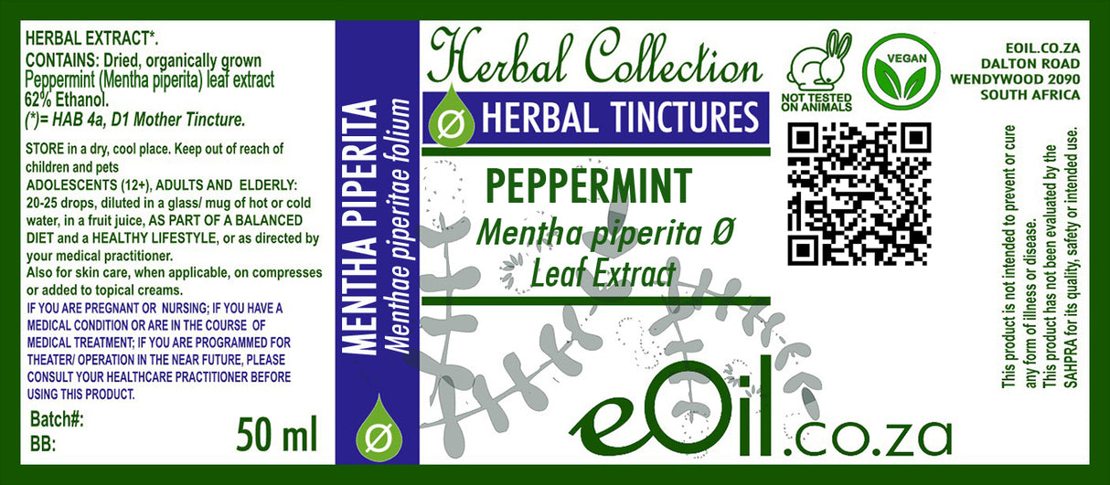 Bottle eOil.co.za of Peppermint liquid herbal extract tincture 100 ml