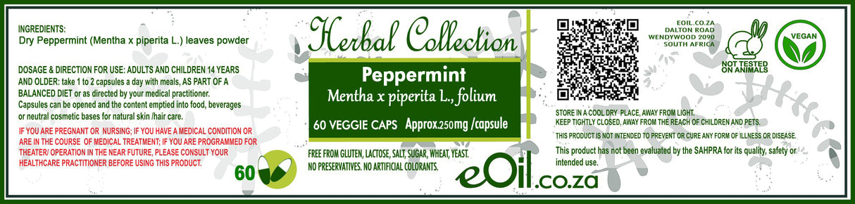 Label eoil.co.za  60 capsules of peppermint herb in vegan-friendly capsules.