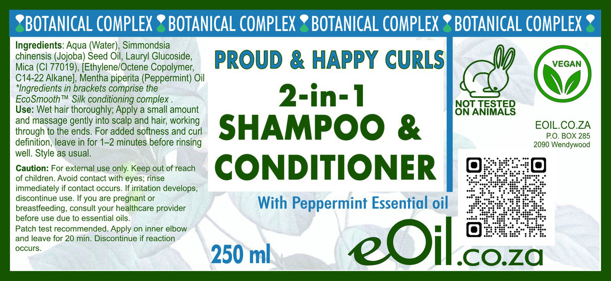 Label of a 2-in-1 shampoo and conditioner with botanical complex and vegan certification.