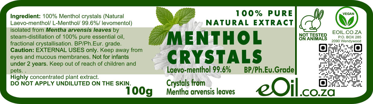 Label of Menthol Crystals with eOil.co.za branding and product details.