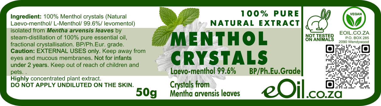 Label of Menthol Crystals with eOil.co.za branding and product details.