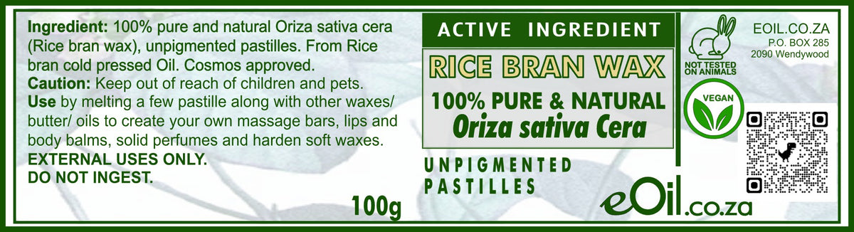 A green and white product information card for Oil of.za 100g of Rice Bran Wax pastilles.