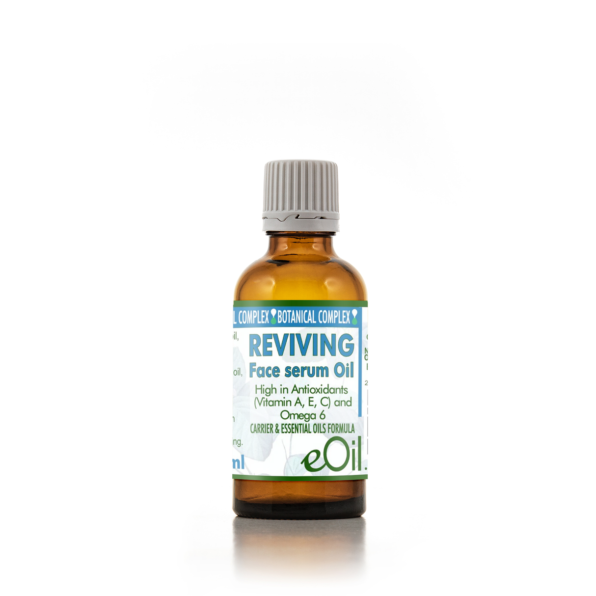 Bottle of eOil reviving face serum oil on a white background 50 ml