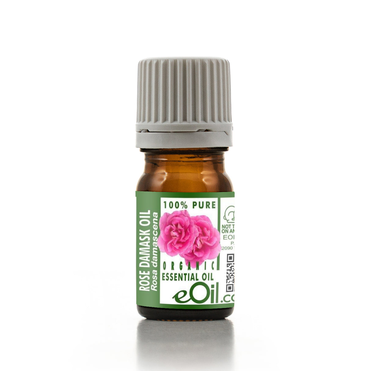 Bottle of eOil Rose Damask essential oil on a white background