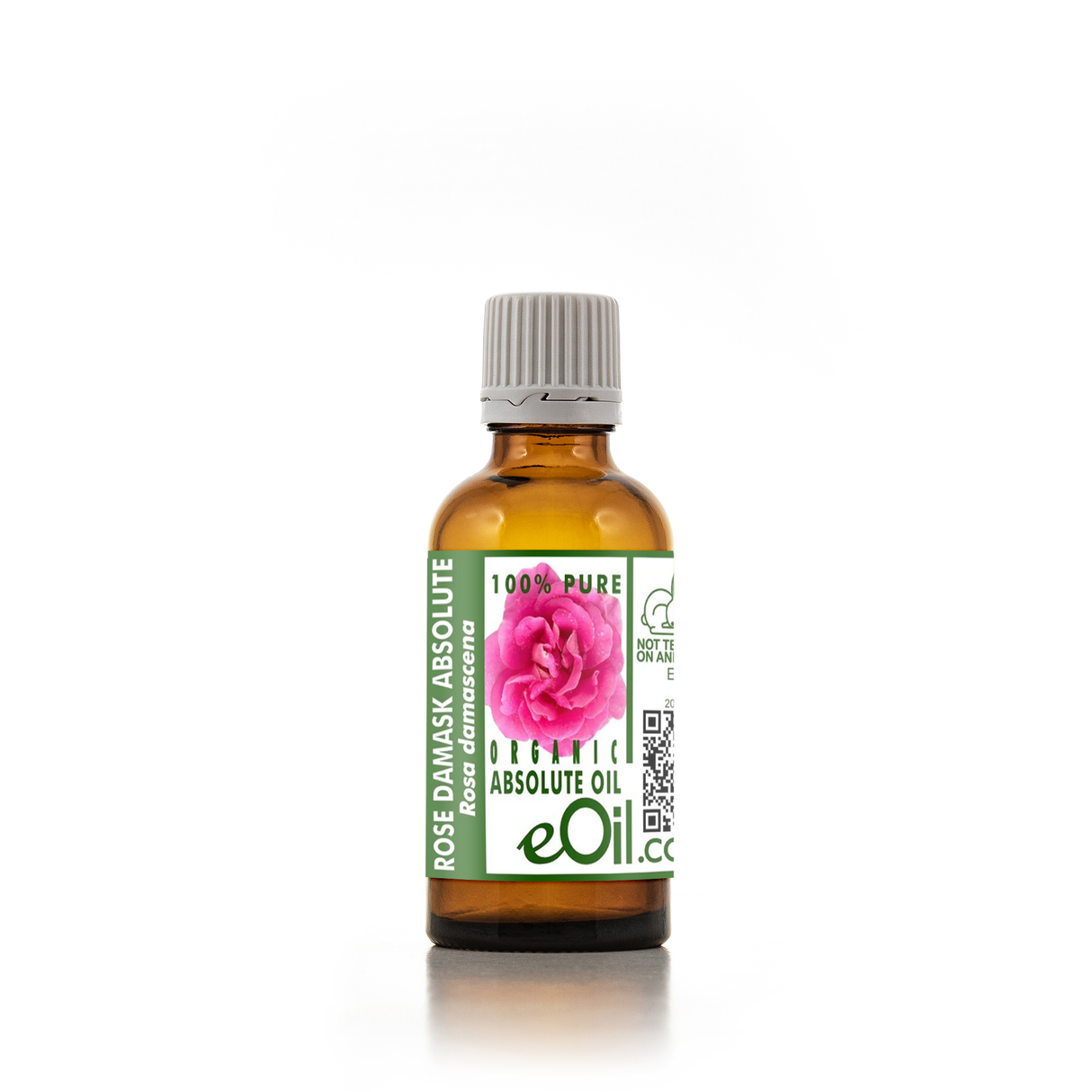 Bottle of eOil rose absolute oil with a pink flower on the label against a white background 50 ml