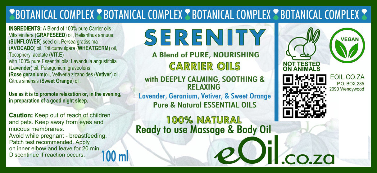 Serenity carrier oils and essential oils packaging with branding and product details.