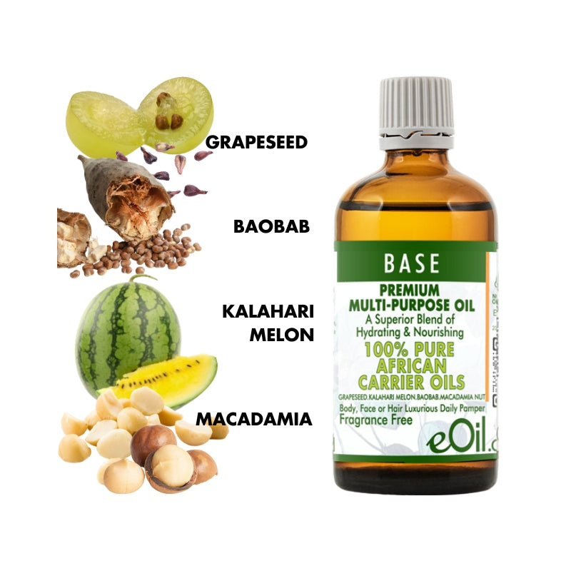 Bottle of eOil with labeled ingredients on a white background