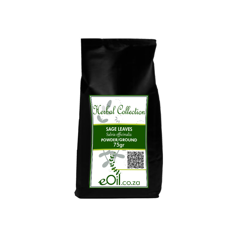 Herbal Collection Sage Leaves Powder in a black bag with green and white labeling, indicating 75g weight.