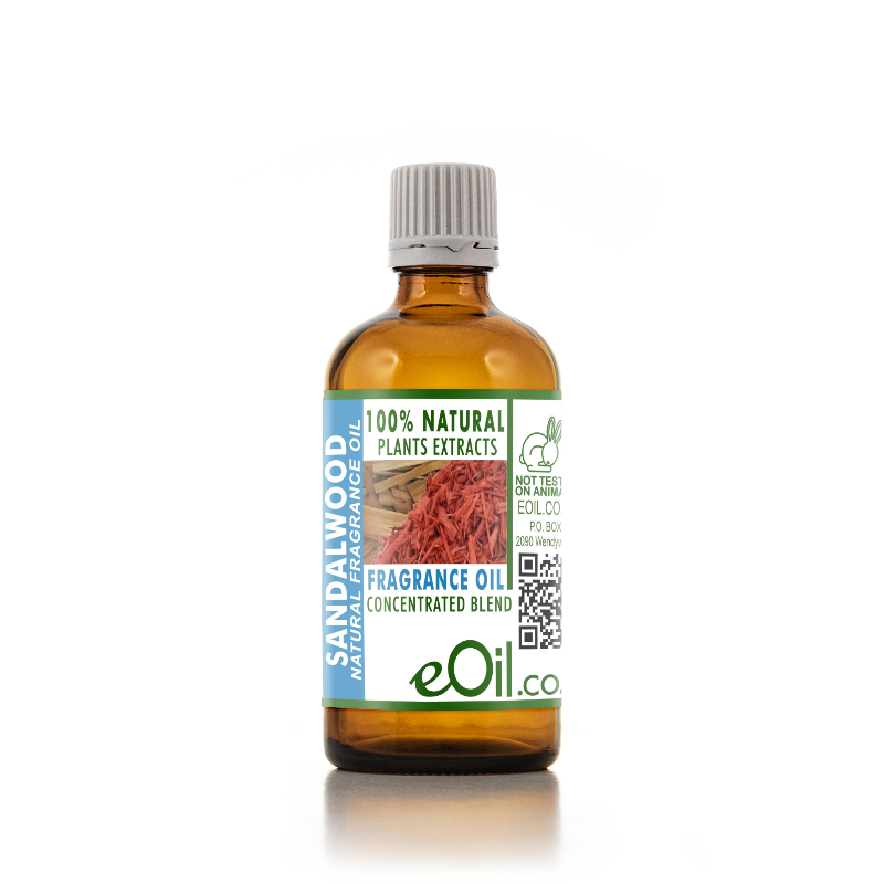 Bottle of Sandalwood fragrance oil with a white background