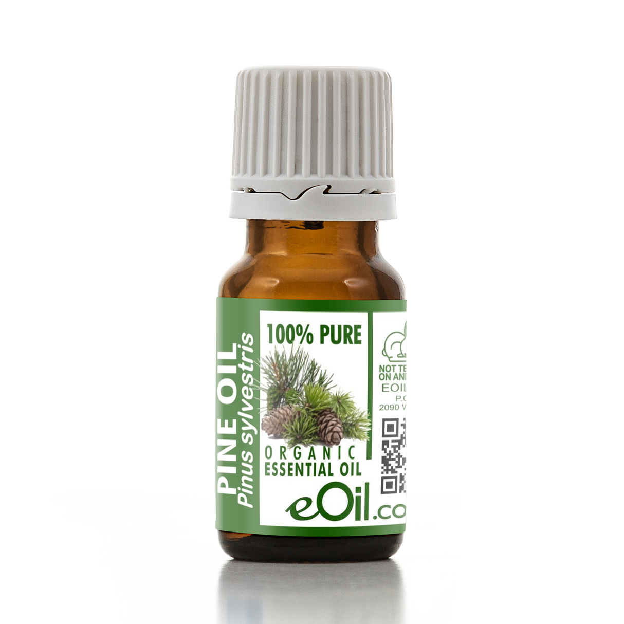 Bottle of pine essential oil with a green label on a white background