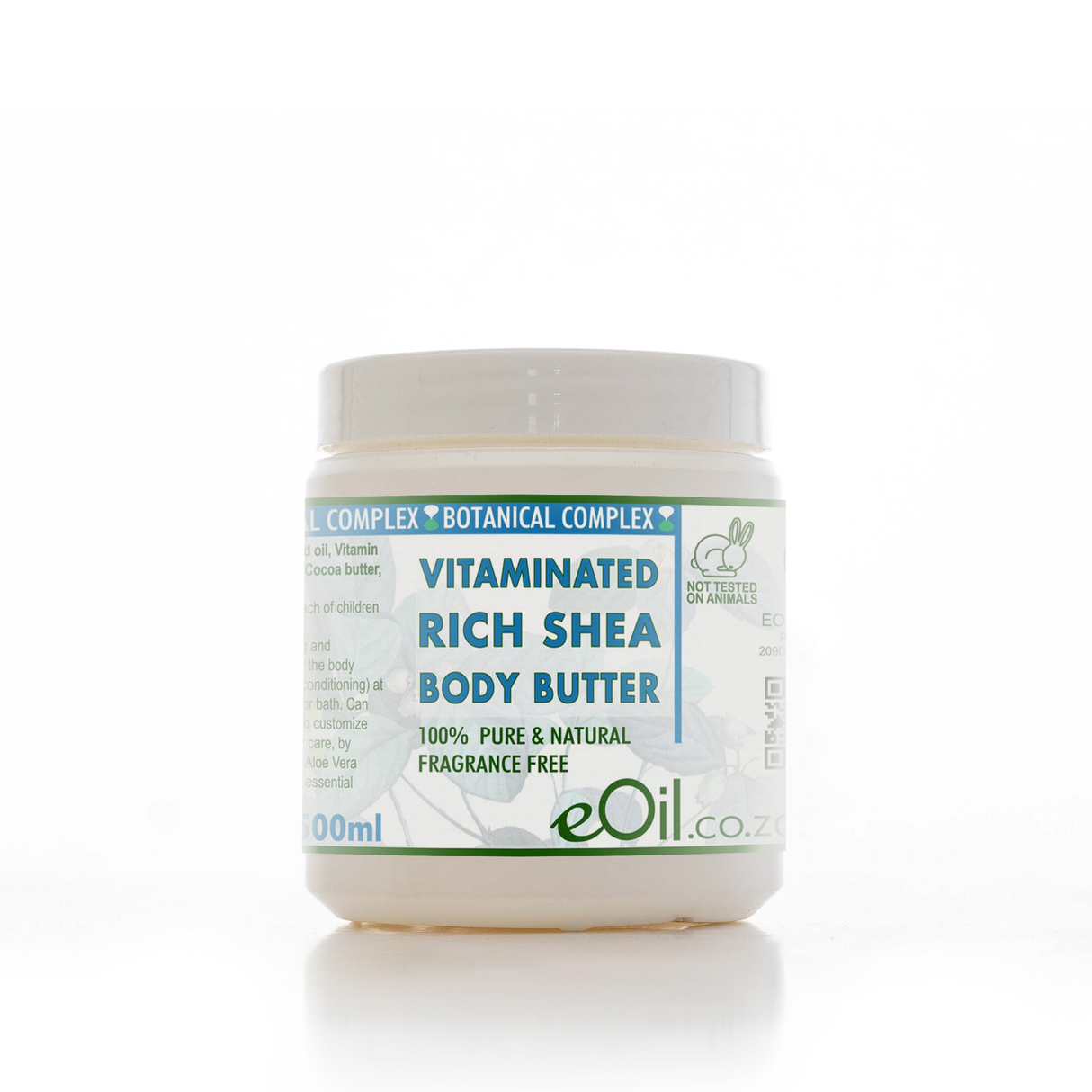 Jar of eOil Vitaminated Rich Shea Body Butter on a white background 500 ml jar