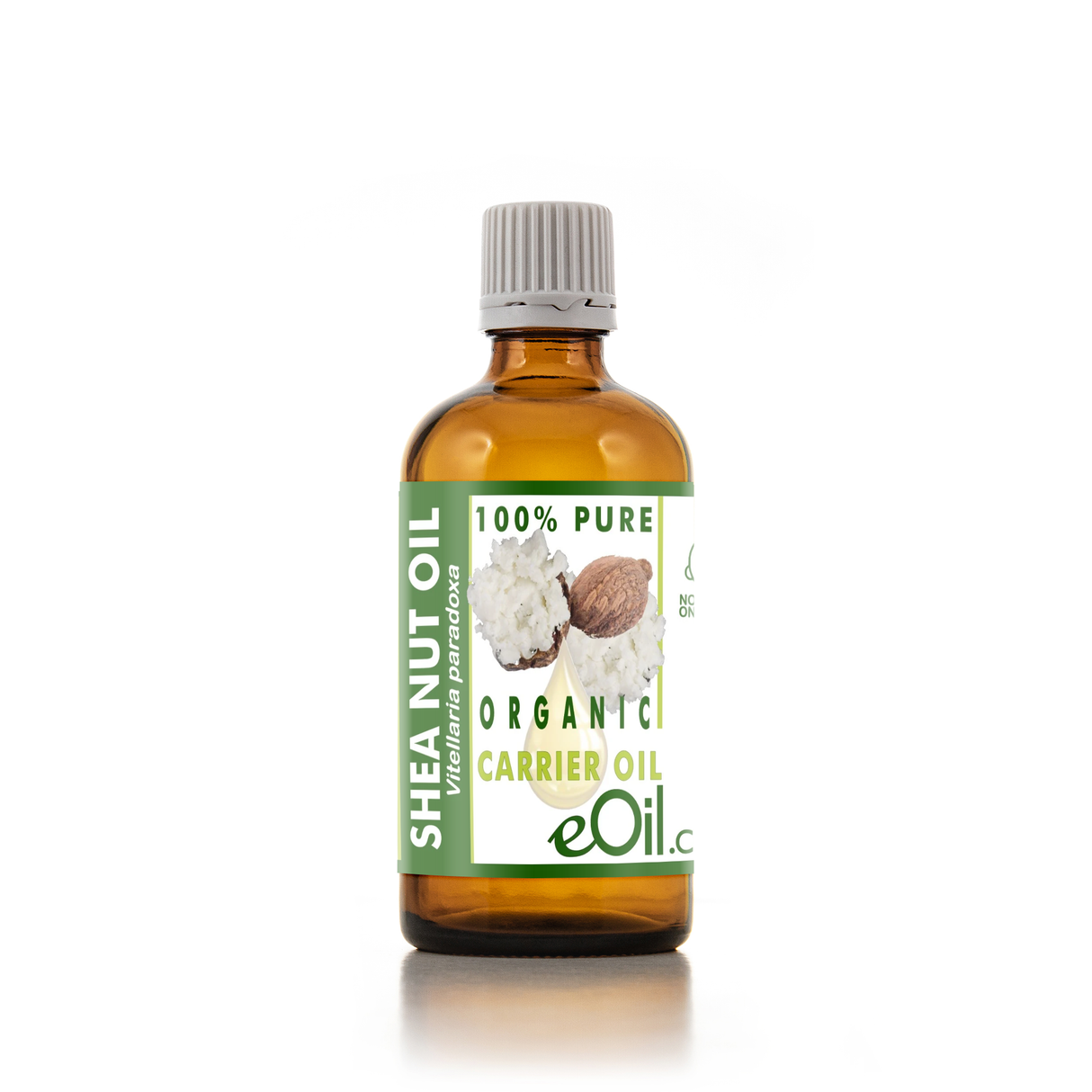 Bottle of eOil shea nut oil on a white background