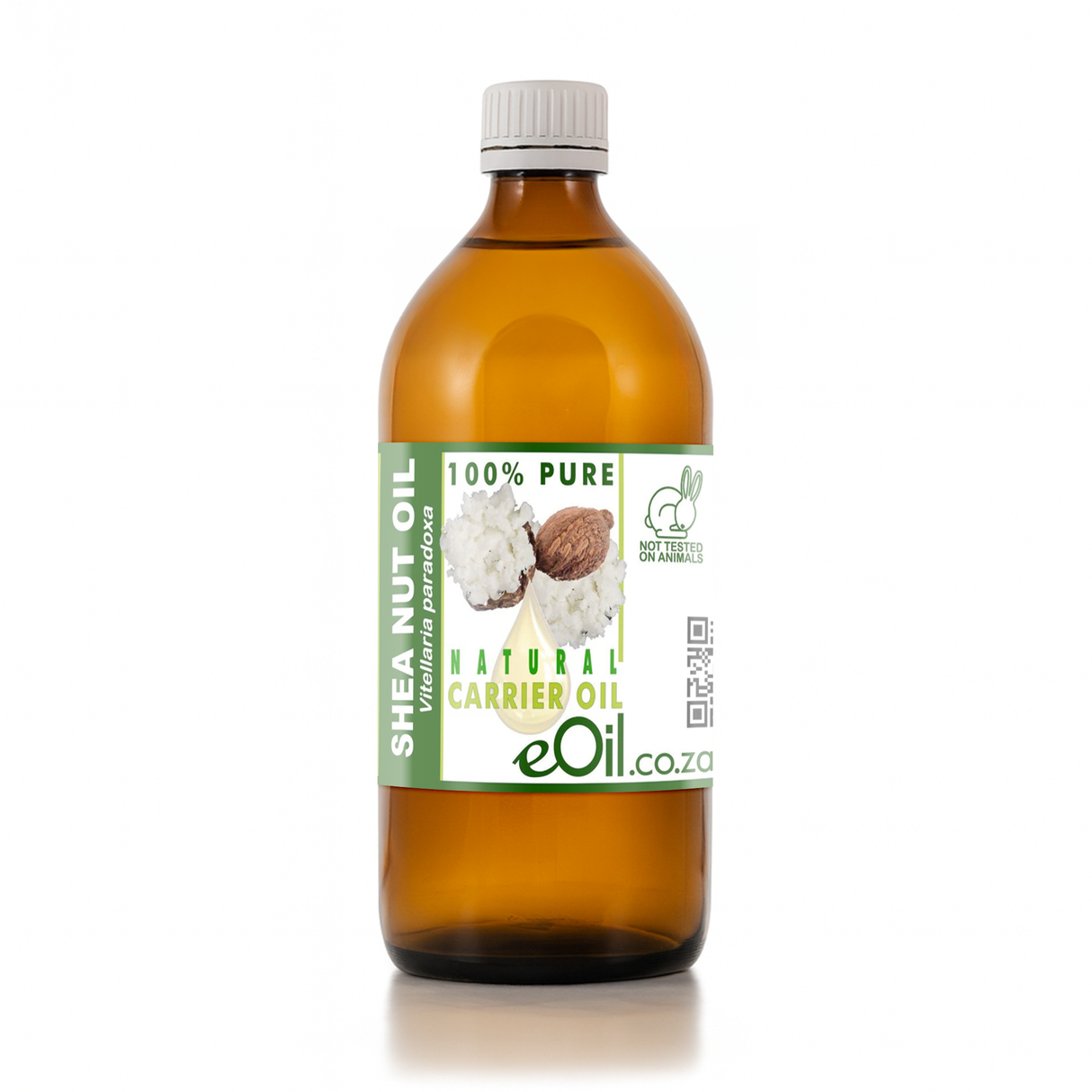 Bottle of shea nut oil with a label on a white background 500 ml