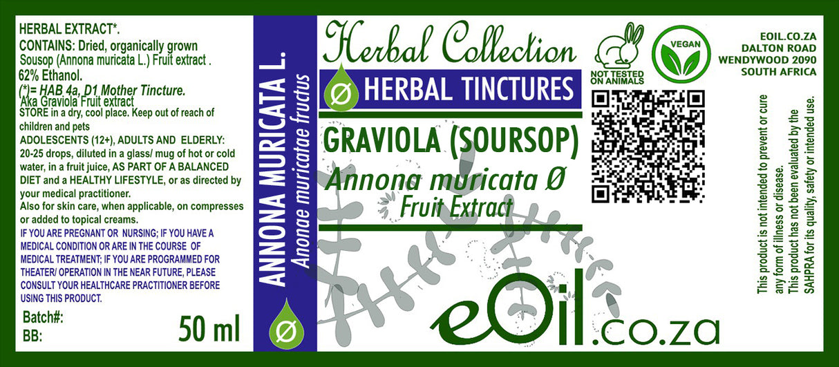 Label eoil.co.za Soursop - Graviola herbal extract, 50 ml, from the Herbal Collection.