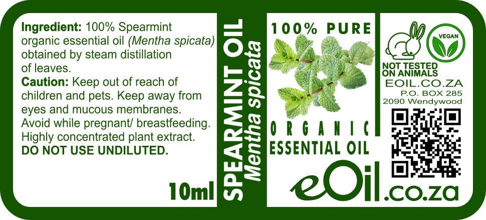 Spearmint Organic Essential Oil, sweet minty aroma for flavoring and diffuser use eOil.co.za