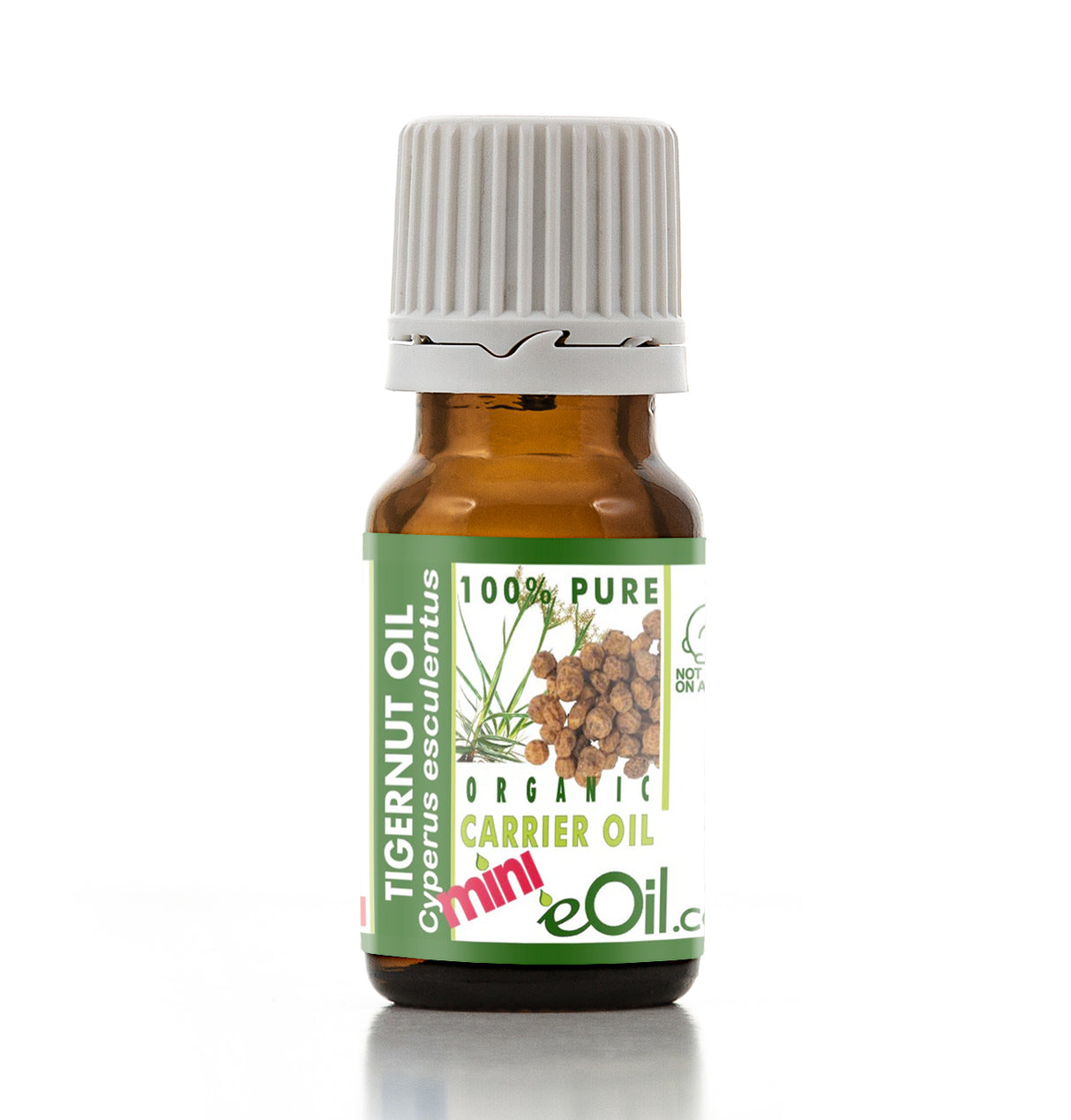 Bottle of tigernut oil with a green label on a white background