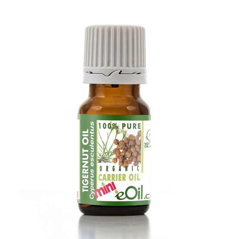 Bottle of tigernut oil with a green label on a white background