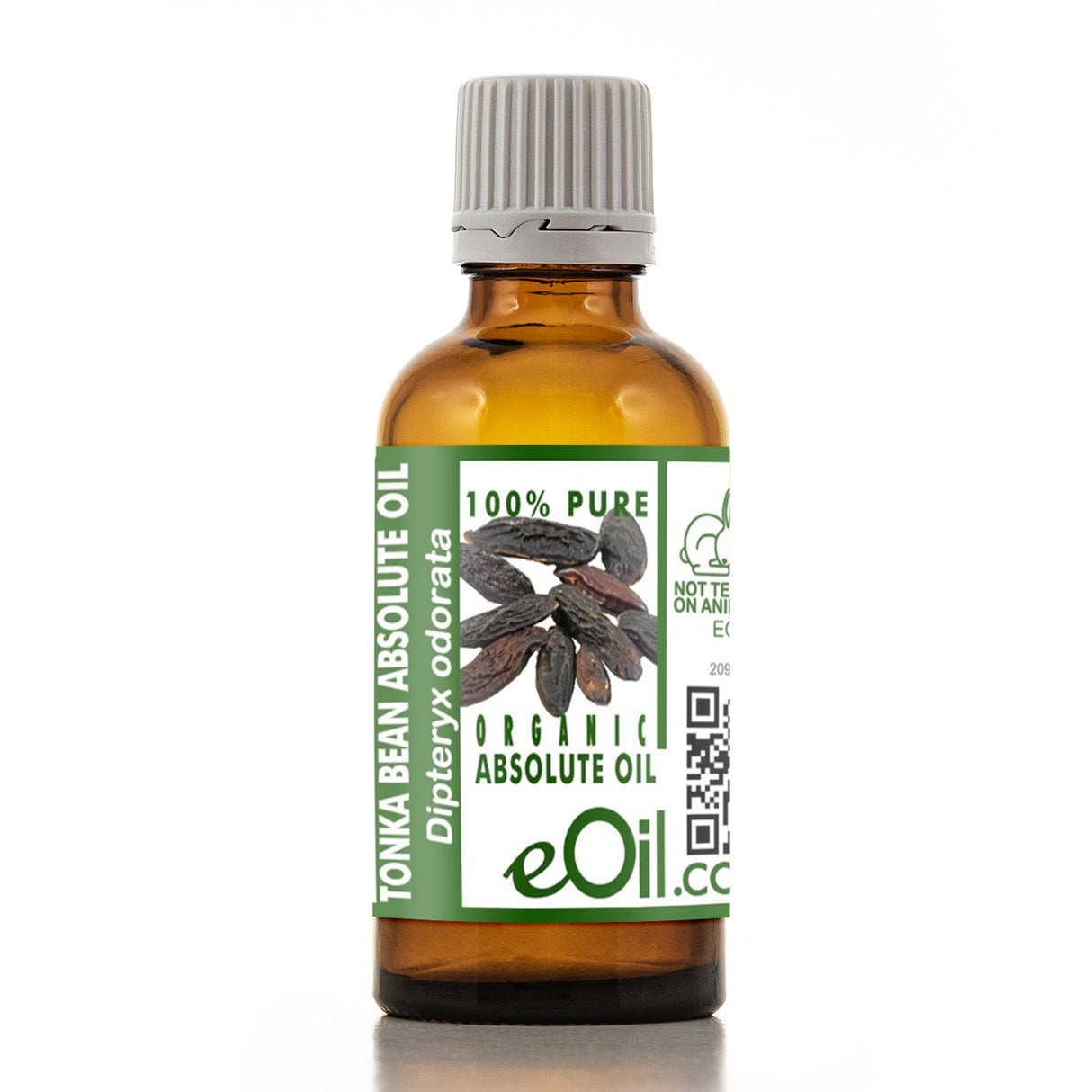 A bottle of eOil Tonka Bean Absolute Oil with an amber glass body, a gray ribbed cap, and a green and white label featuring a picture of tonka bean pods.