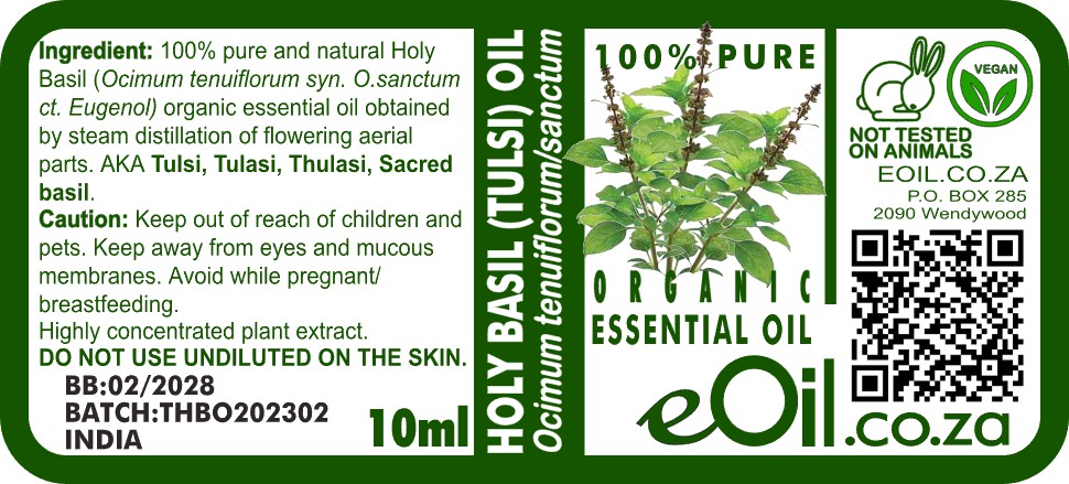 Tulsi Holy Basil Essential Oil Organic, sacred spicy herb aroma for wellness blends