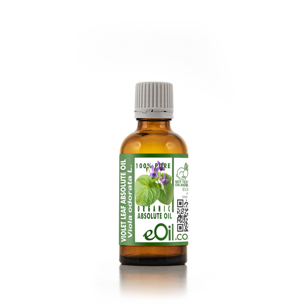 Bottle of eOil Violet Leaf Absolute Oil on a white background
