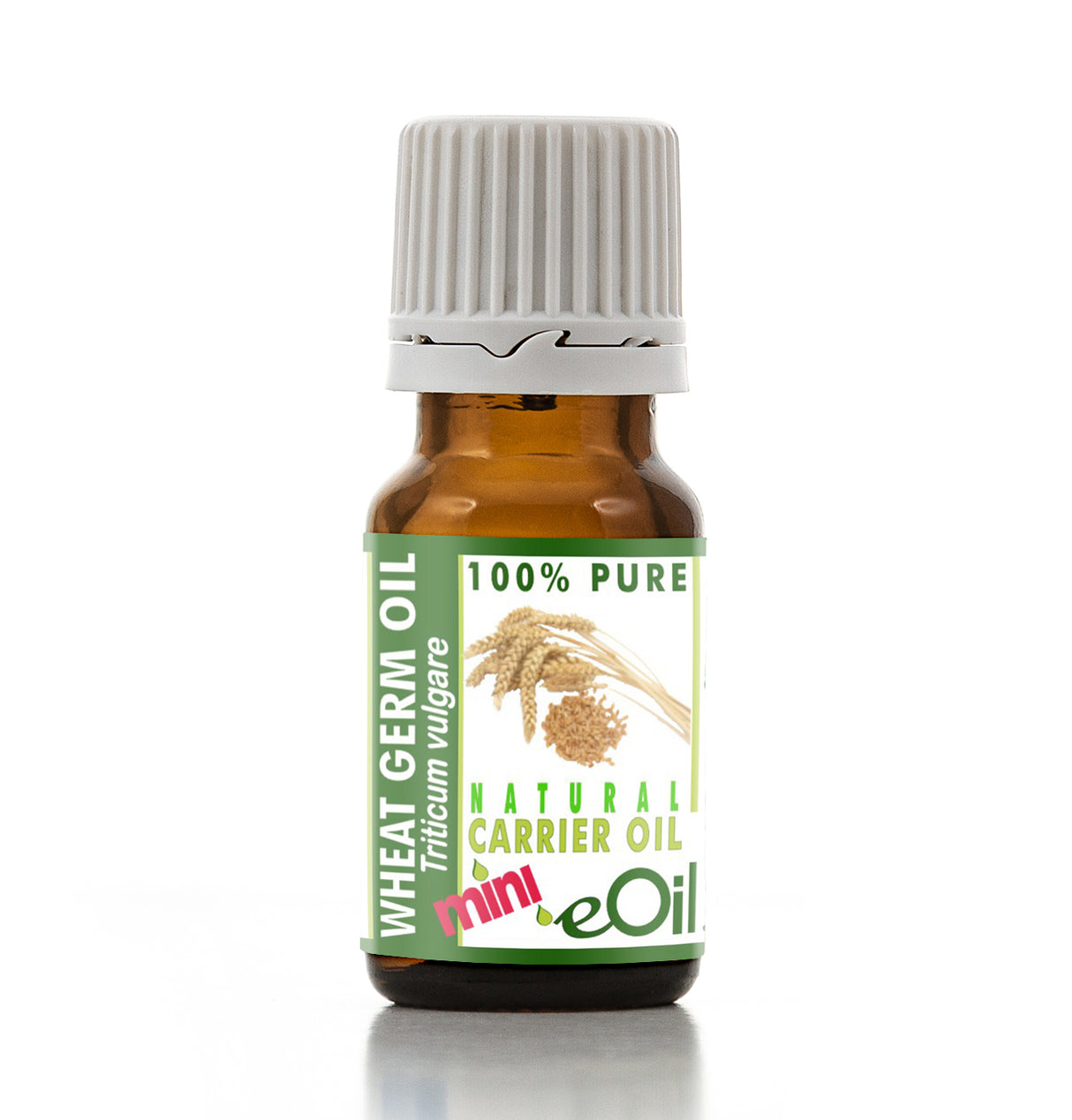 Bottle of wheat germ oil with a green label on a white background