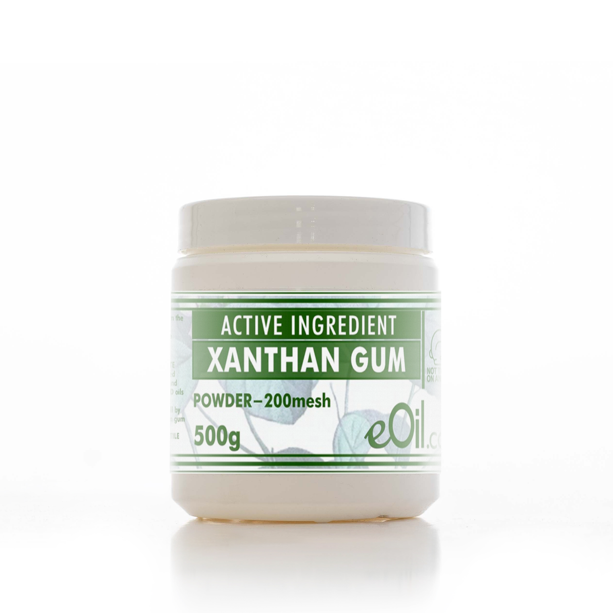 Jar of Xanthan Gum with a white lid on a white background
