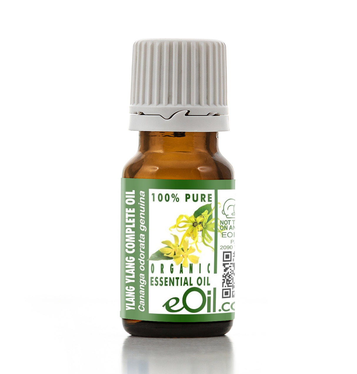 Bottle of eOil Ylang Ylang essential oil on a white background