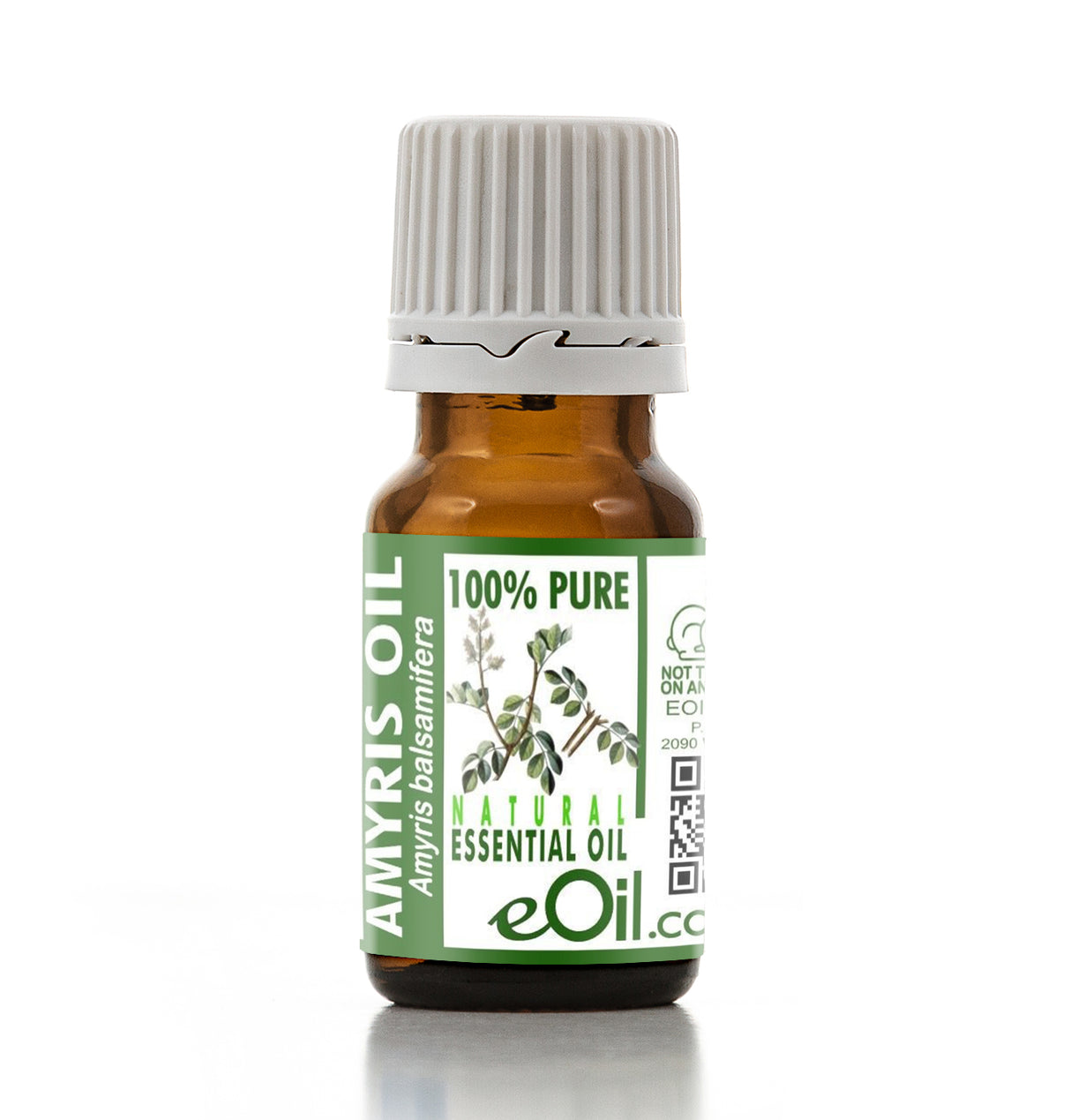 Bottle of Amyris oil with a green label on a white background