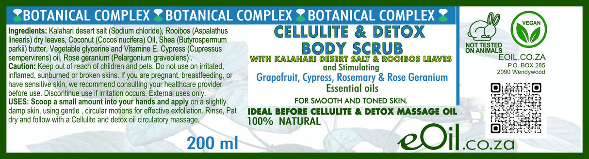 Label of a botanical complex cellulite and detox body scrub with eOil Co.ZA branding.