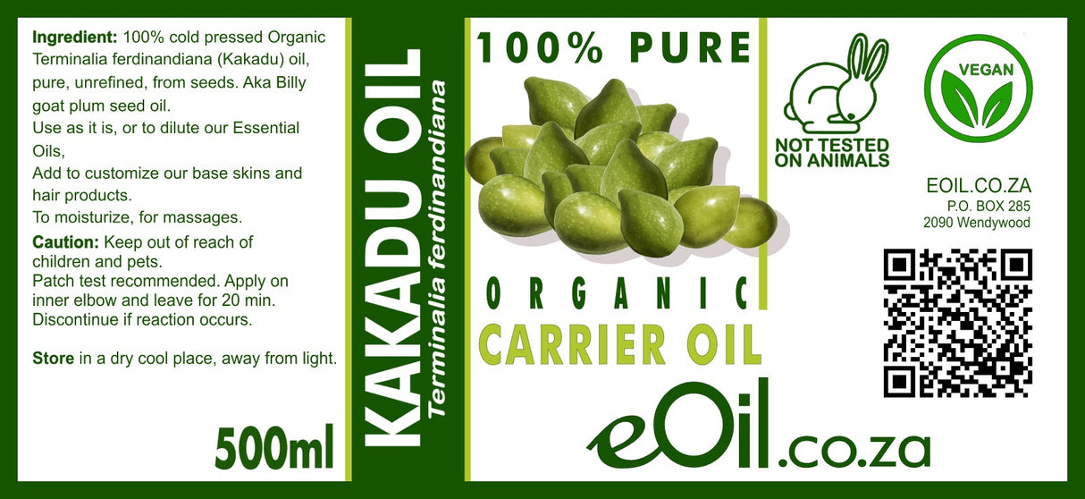 Label of Kakadu oil with product details and branding on a green background