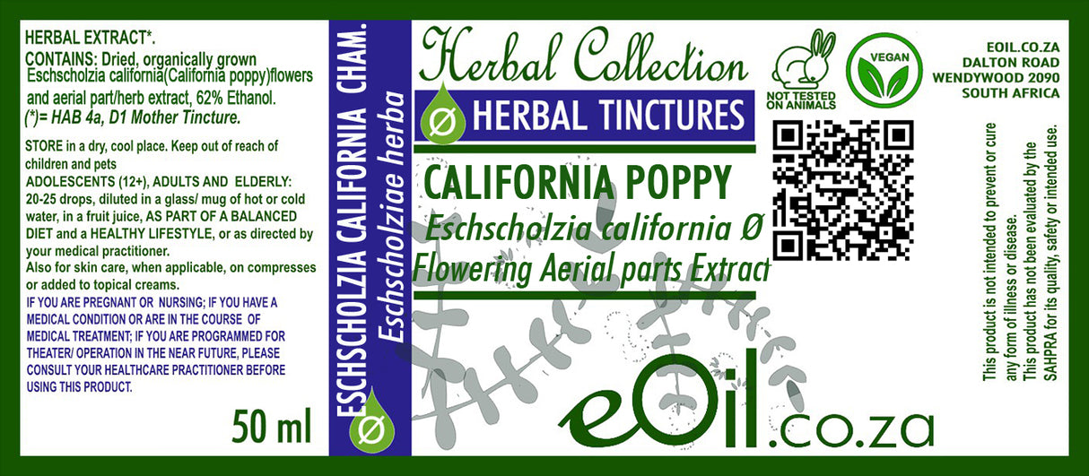Herbal tincture label for California Poppy from eOil.co.za