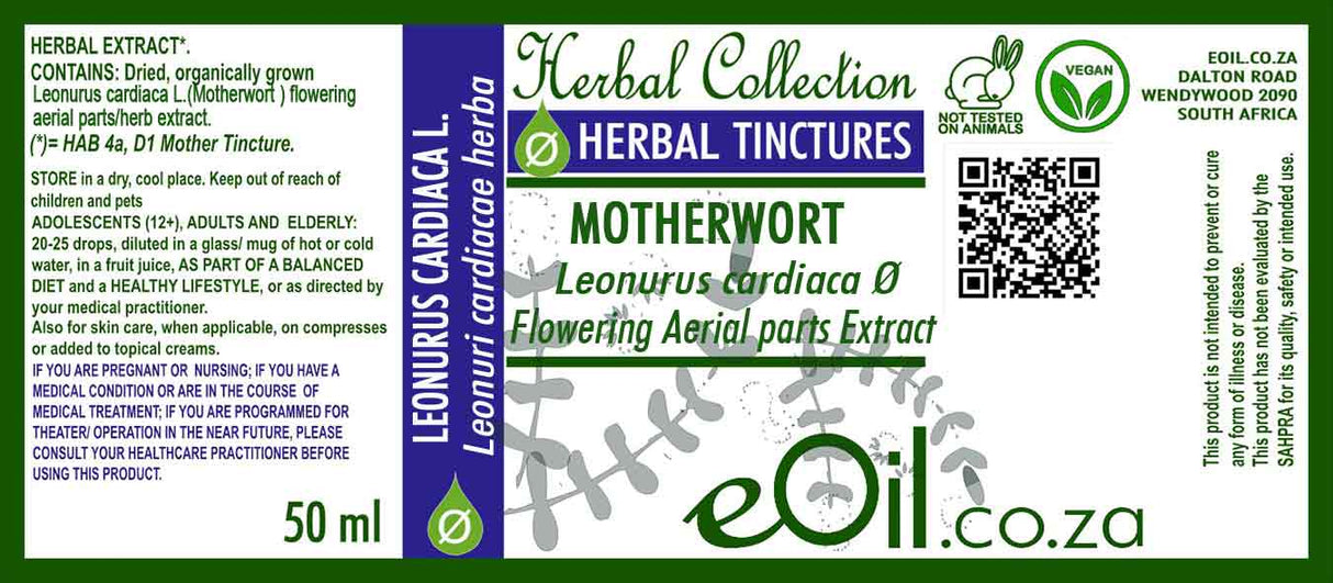 Herbal tincture label for Leonurus cardiaca with eOil.co.za branding