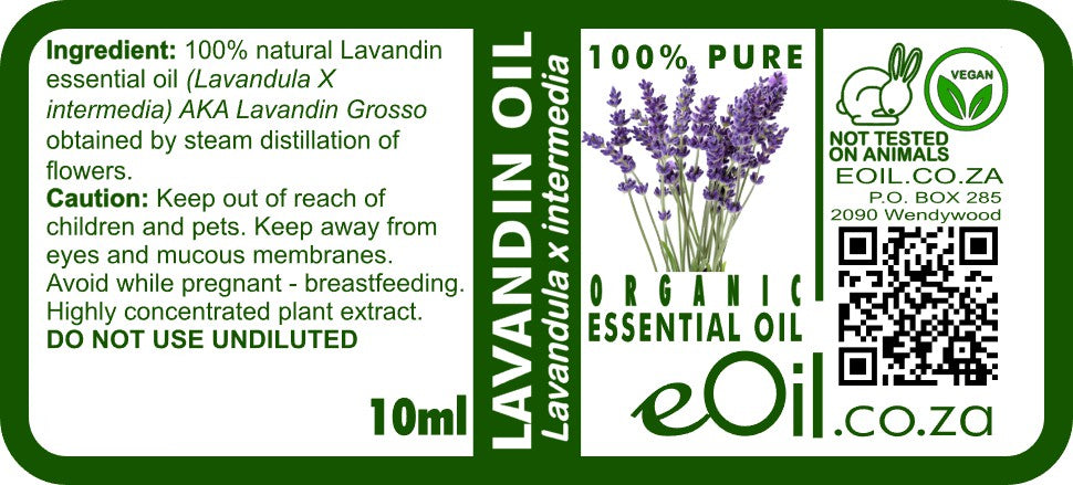 Label of Lavandin essential oil with branding and product details.