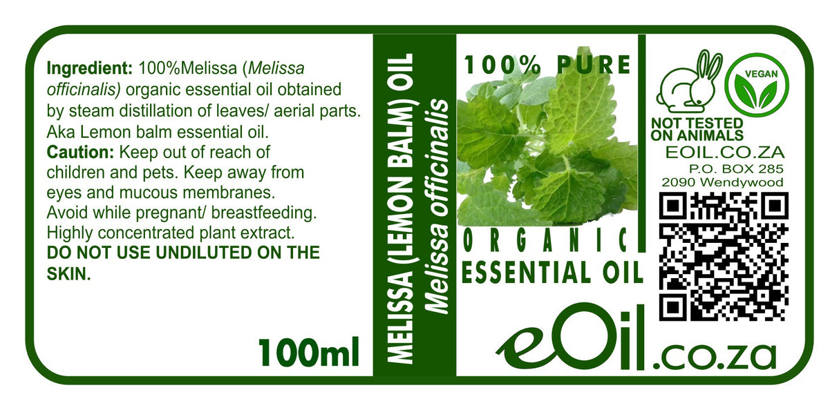 A 100ml label for Melissa (Lemon Balm) Organic Essential Oil by eOil.co.za
