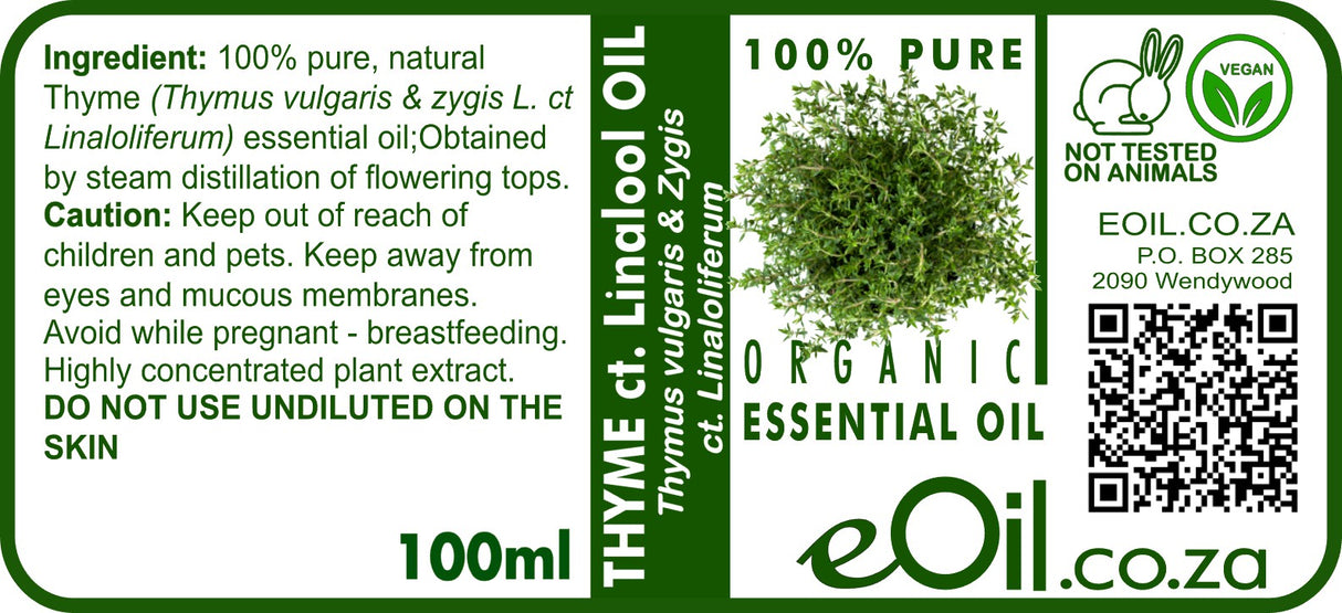 A 100ml bottle label for Thyme ct. Linool Oil, showing the product name, ingredients, usage warnings, a green leaf graphic, a vegan bunny logo, and the eOil.