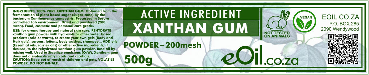 Label of Xanthan Gum powder from eOil.co.za with green and white design.