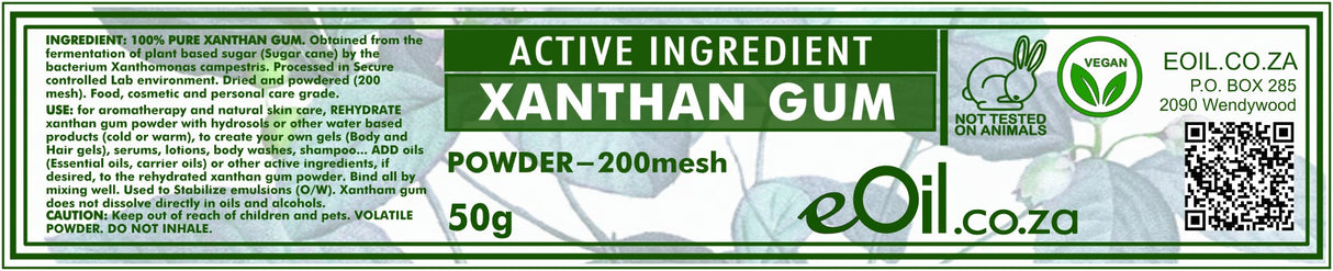 Label of eOil.co.za Xanthan Gum powder packaging with green and white design.