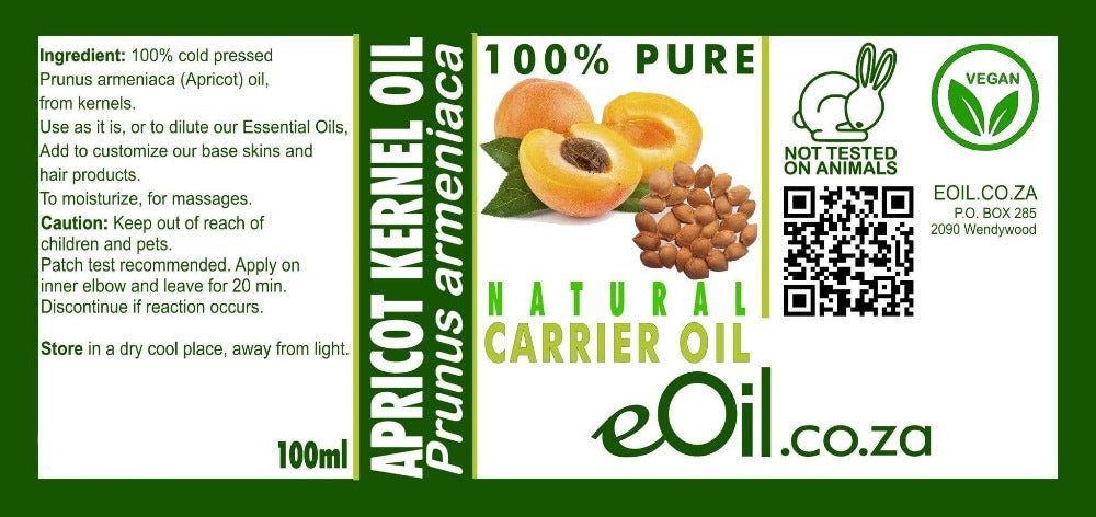 Label 100 ml Apricot Kernel Natural Carrier Oil from eOil.co.za, a lightweight, nourishing oil for skin and hair care