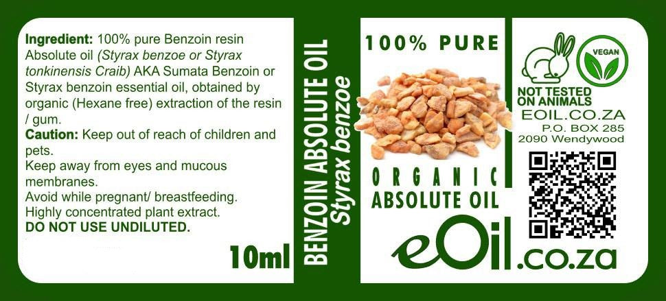 Amber glass 10ml Benzoin Resin Absolute Oil Organic for relaxation, incense, and skin care
