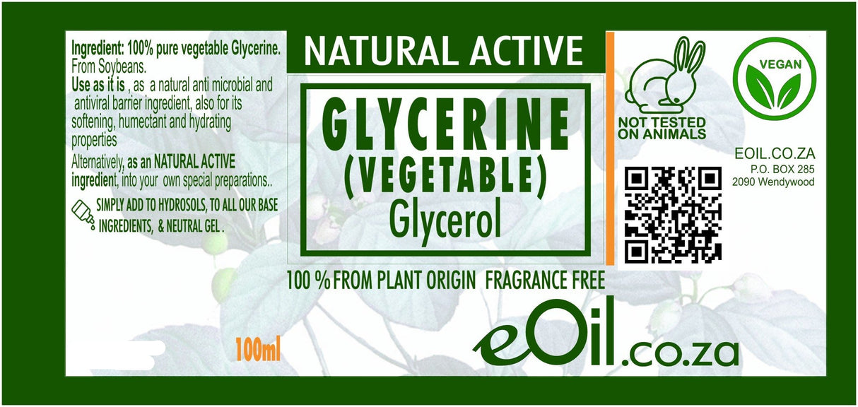 GLYCERINE VEGETABLE GLYCEROL NATURAL ACTIVE INGREDIENT FRAGRANCE FREE 100 ml - eOil.co.za
