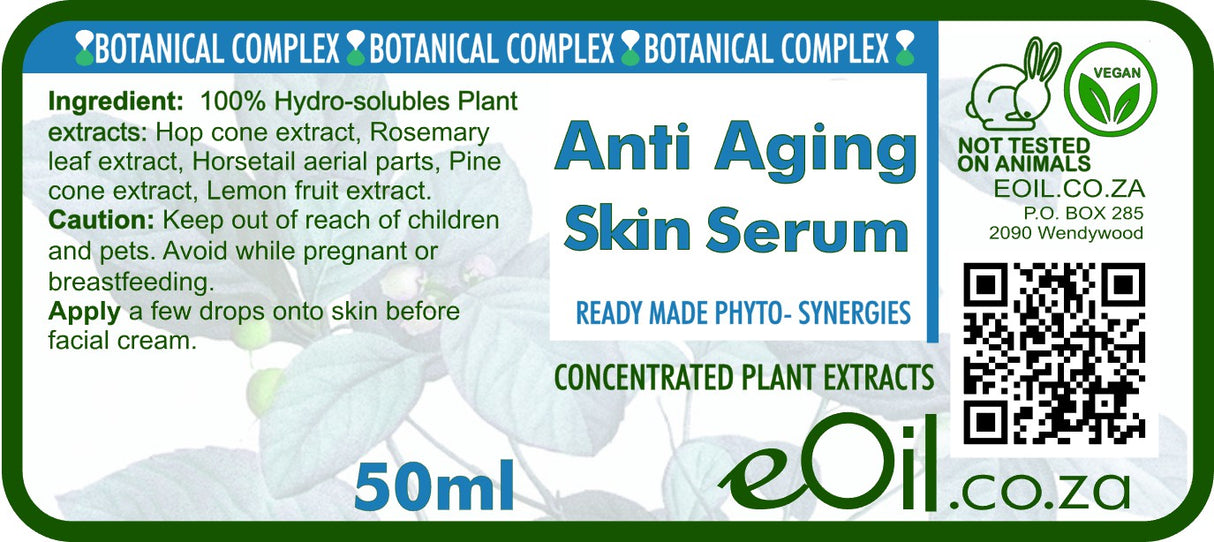 Label of Anti Aging Skin Serum with botanical complex ingredients and eOil.co.za branding.