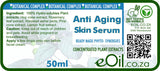 Label of Anti Aging Skin Serum with botanical complex ingredients and eOil.co.za branding.