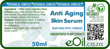 Label of Anti Aging Skin Serum with botanical complex ingredients and eOil.co.za branding.