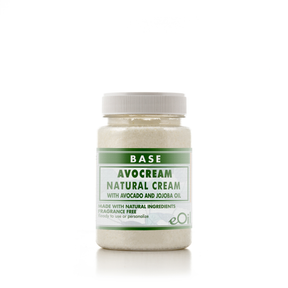 A jar of BASE Avocream Natural Cream with avocado and jojoba oil, featuring a white cap and a white and green label, set against a plain white background.